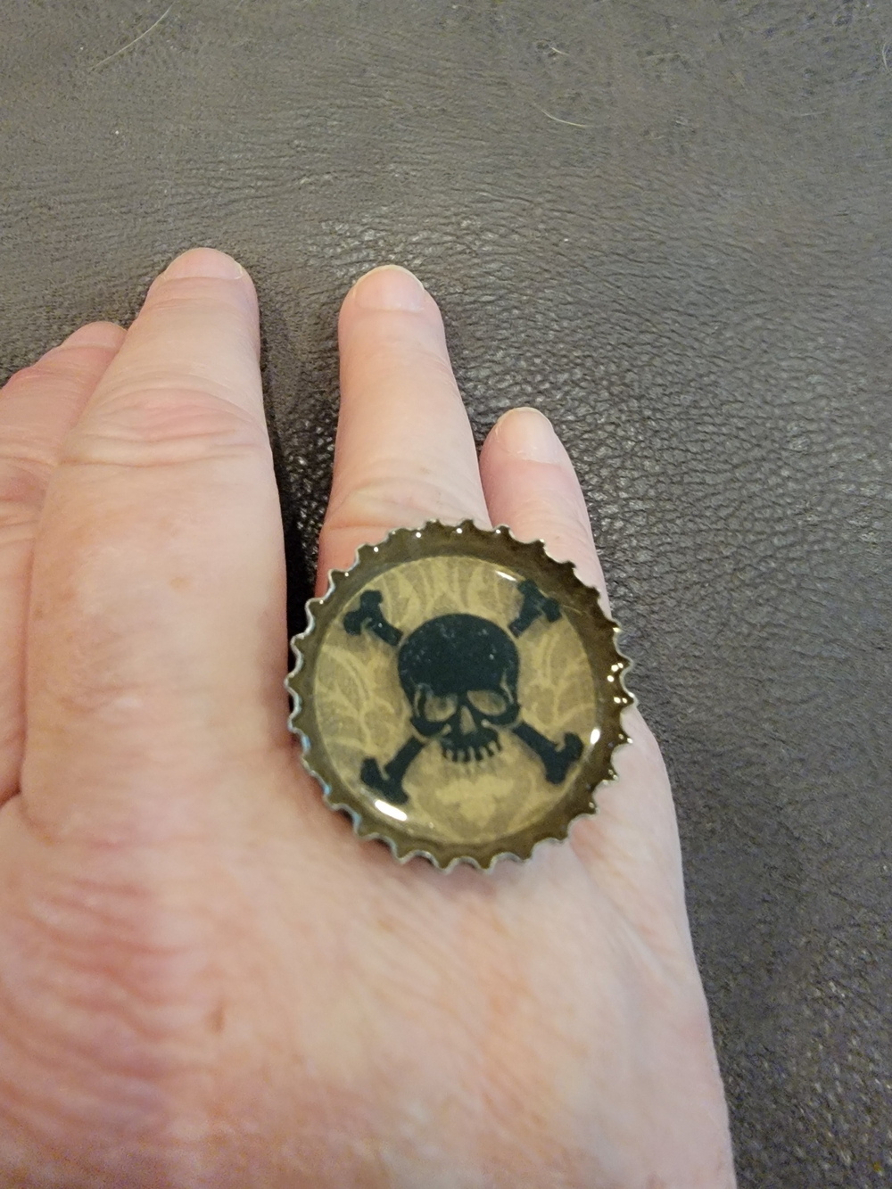 Black and Gray Skull & Crossbones Bottle Cap Ring